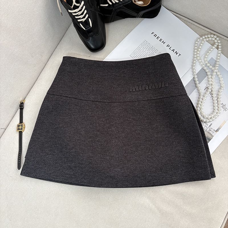 刺绣字母毛呢裙裤短裙女秋冬季高腰时尚百搭显瘦防走光半身裙大码