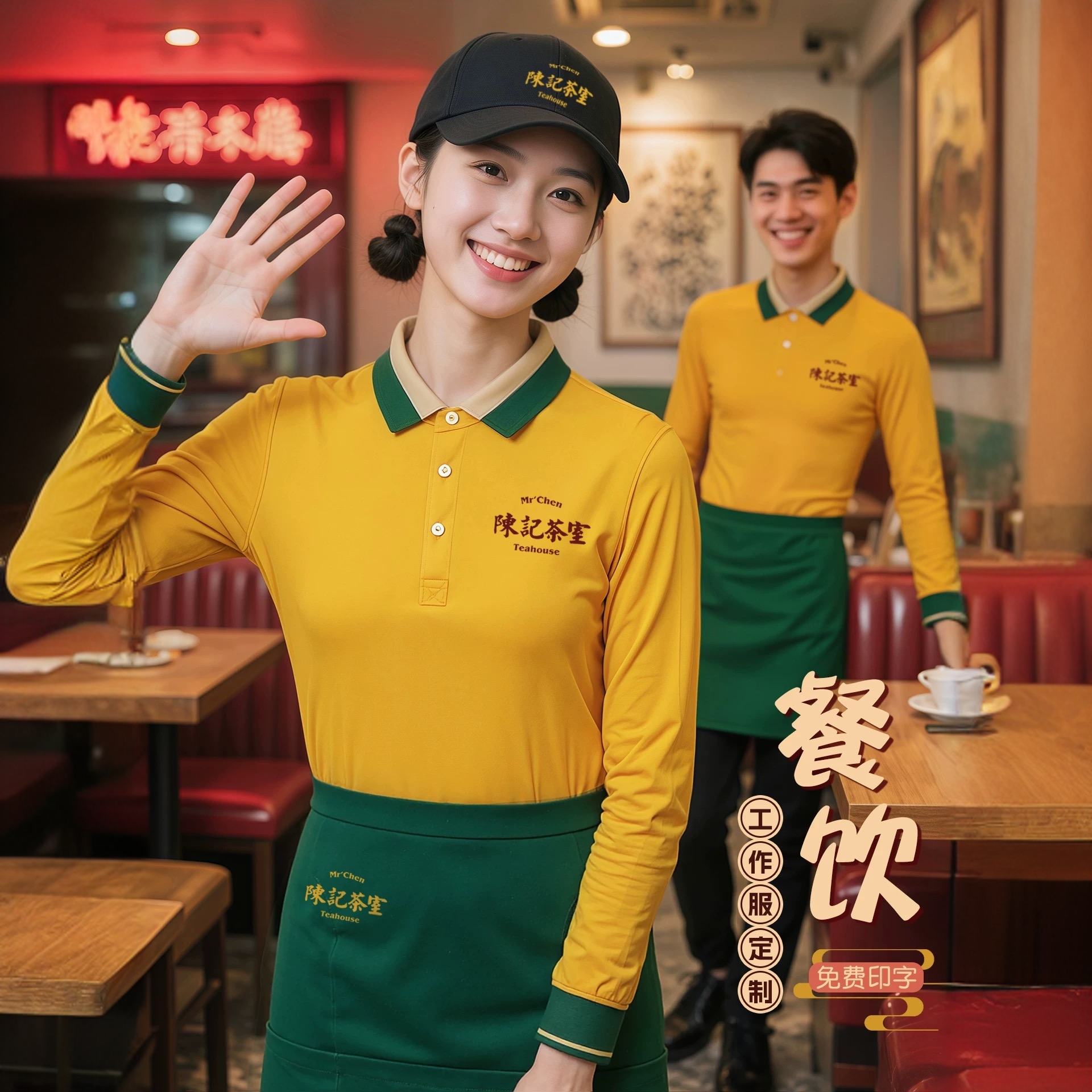餐饮polo衫印logo秋冬季长袖酒店餐厅烧烤火锅奶茶店服务员工装女