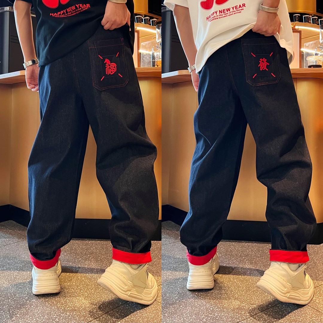 冬季百搭时尚休闲潮流个性痞帅加厚磨毛刺绣撞色男款弯刀牛仔裤