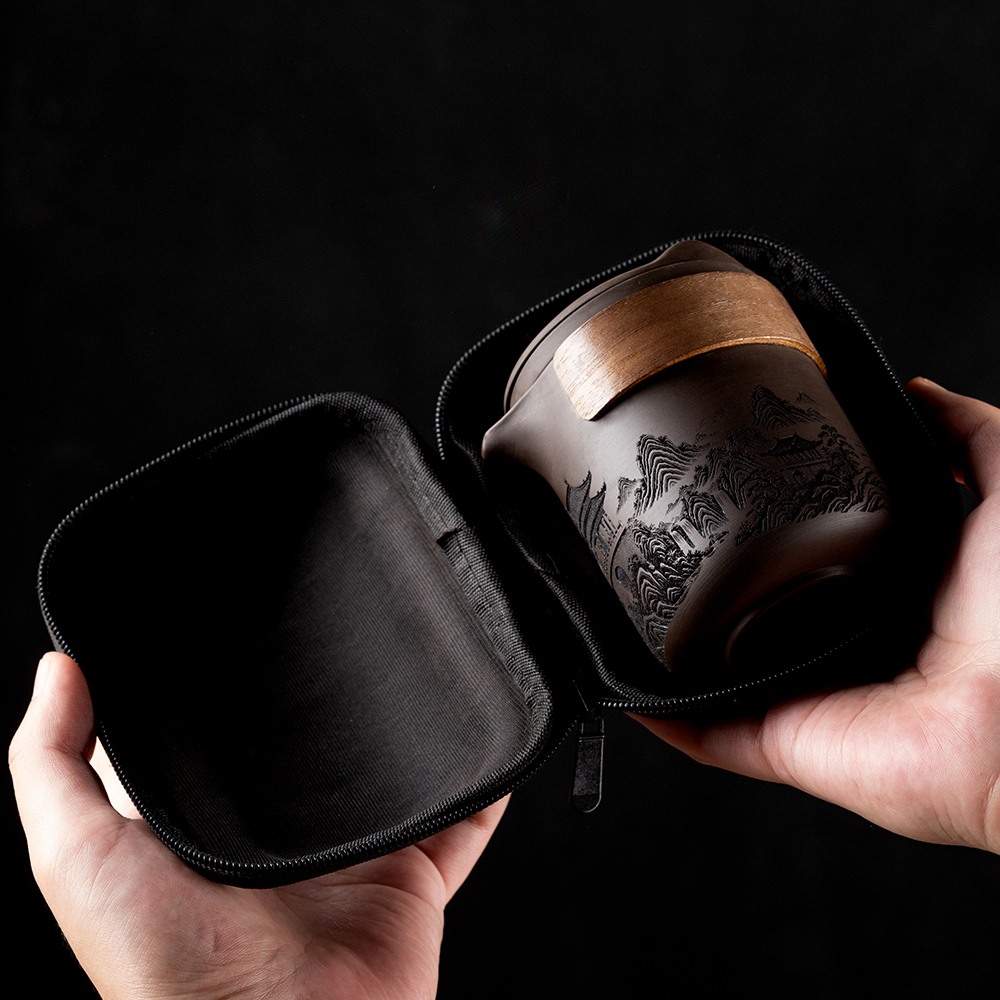 雕刻旅行茶具套装便携包户外快客杯紫砂六杯泡茶杯