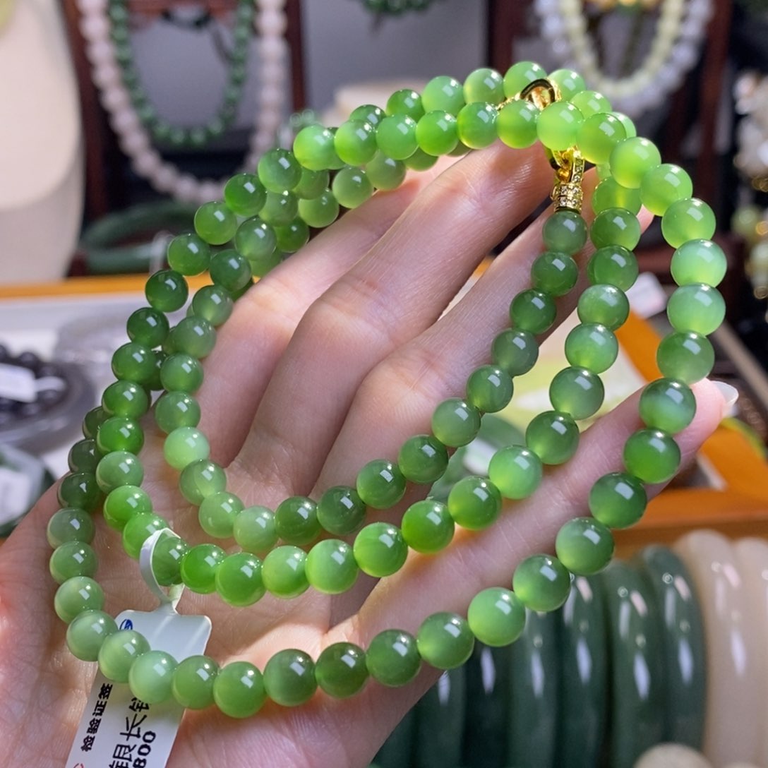 和田玉碧玉银镶猫眼项链6MM未镶嵌