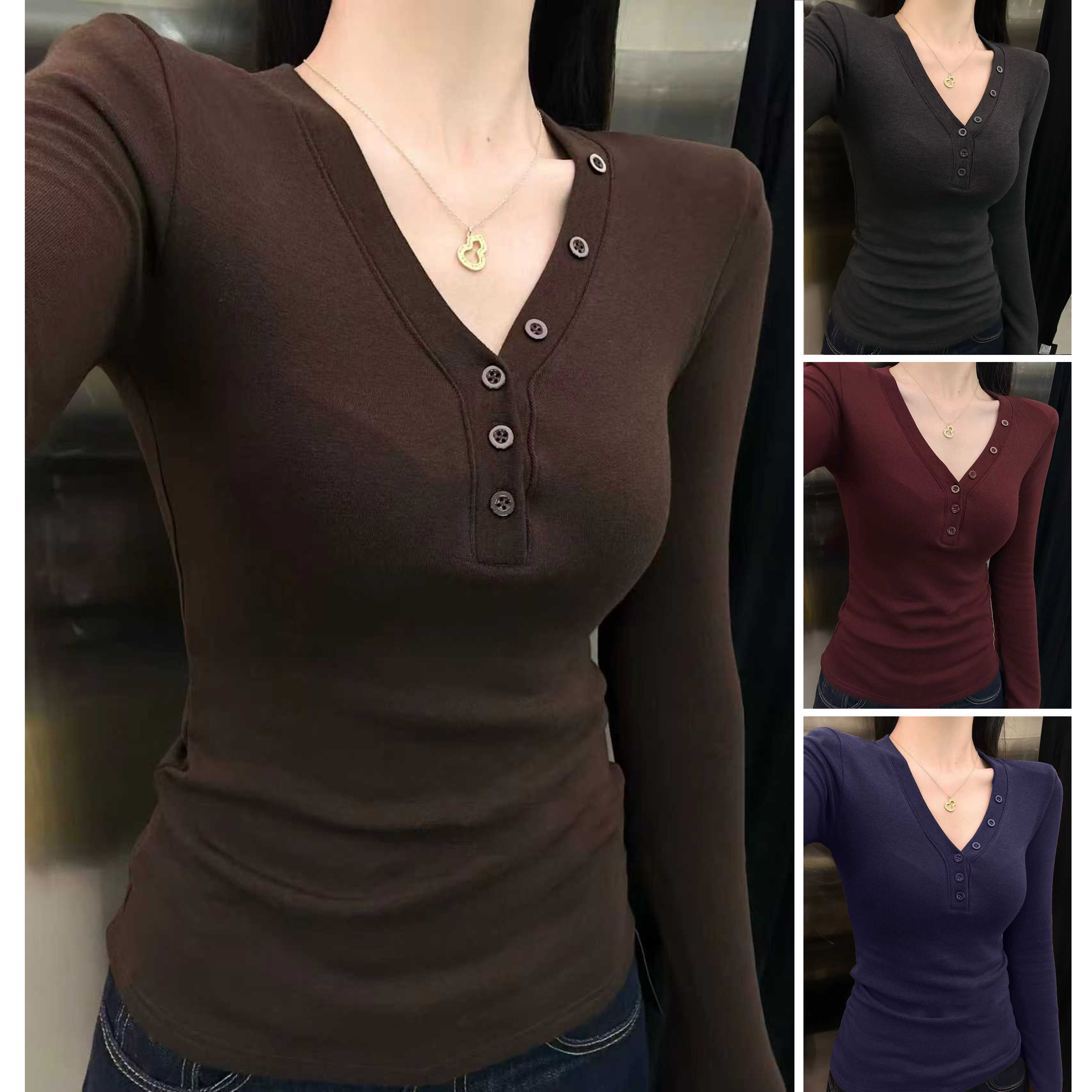 V领扣子加绒打底衫女2025秋冬新款长袖修身显瘦抗起球内搭7157