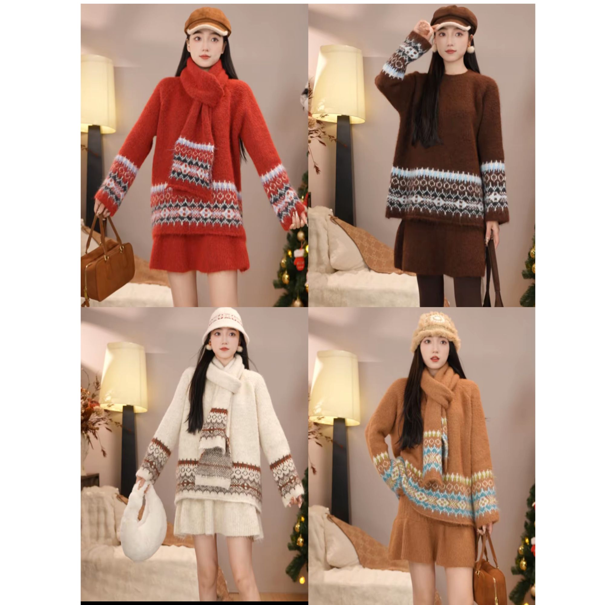 唐乐乐｜25new秋冬氛围感费尔岛系列时尚上衣+半身裙+围巾 BF2578