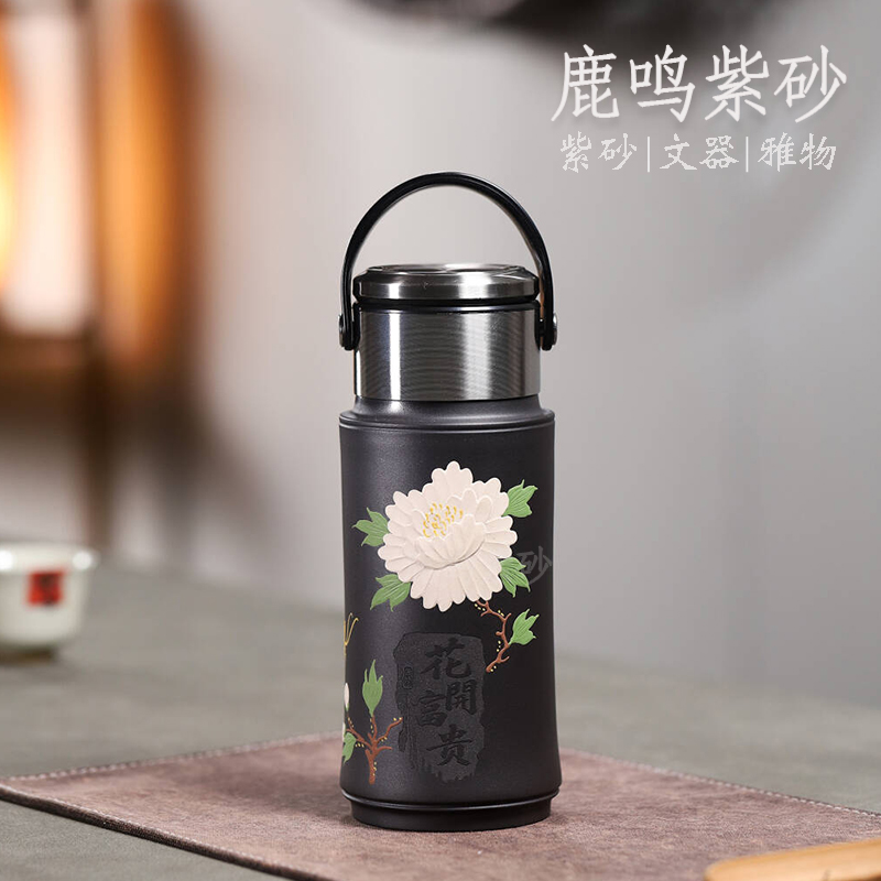 车载紫砂主人杯 手绘花开富贵双层紫砂杯 非遗工艺防烫防洒紫砂杯