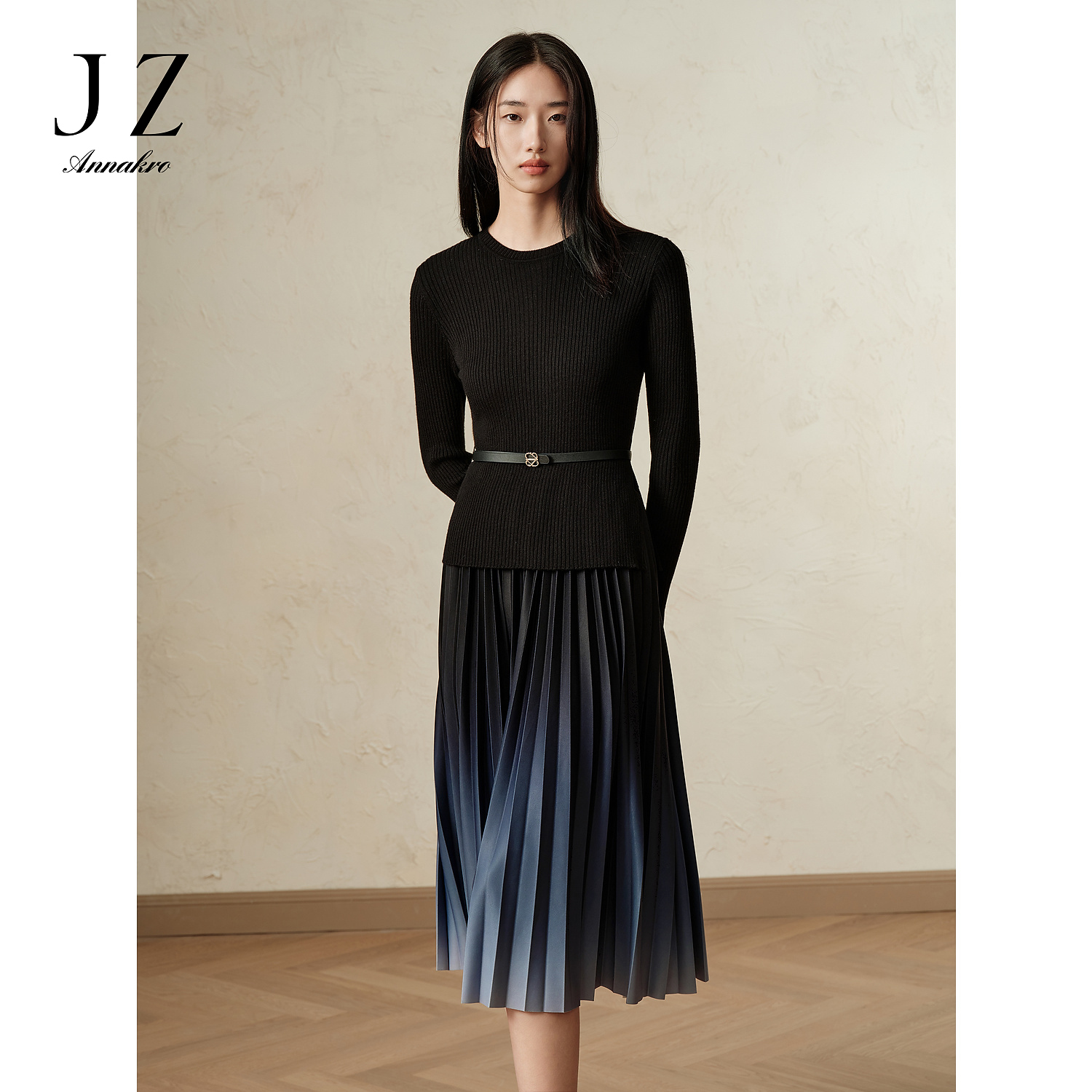 玖姿安娜蔻优雅淑女渐变假两件JTED31411连衣裙女冬季