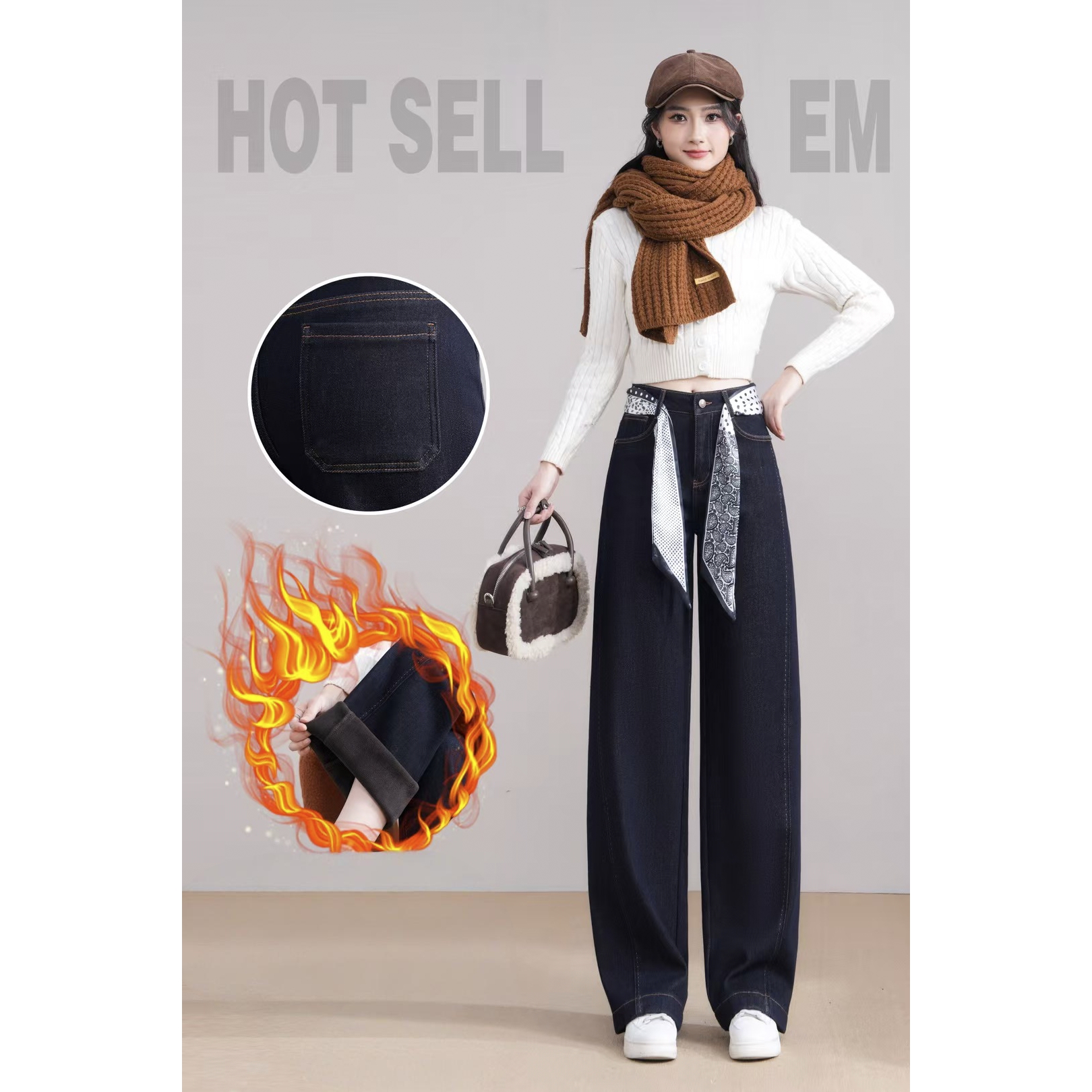 10021款：黑金色加绒加厚弯刀牛仔阔腿裤