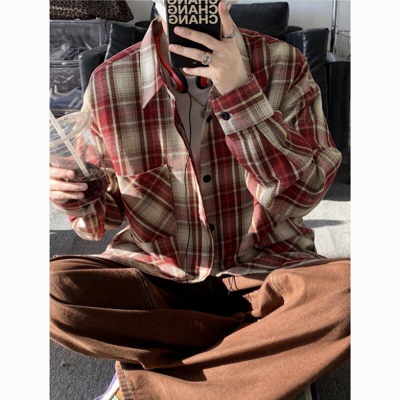 美式复古红色格子衬衫男款长袖宽松休闲潮牌工装衬衣春秋情侣外套