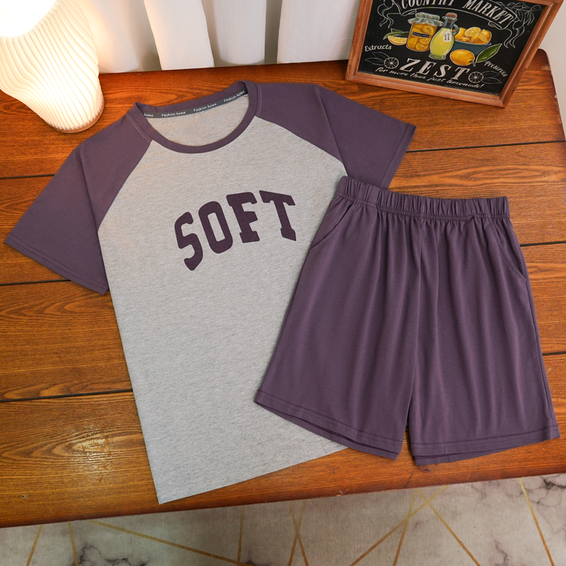 主播同款睡衣夏季紫色插肩字母短袖短裤家居服套装-729