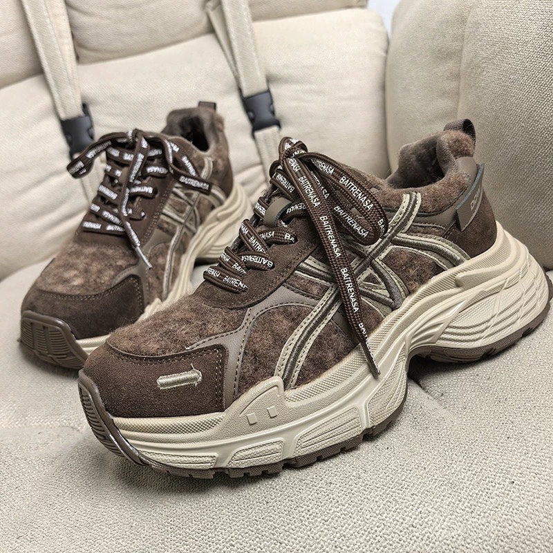 港风呢子拼接厚底加绒老爹鞋女冬季圆头系带增高显脚小1108