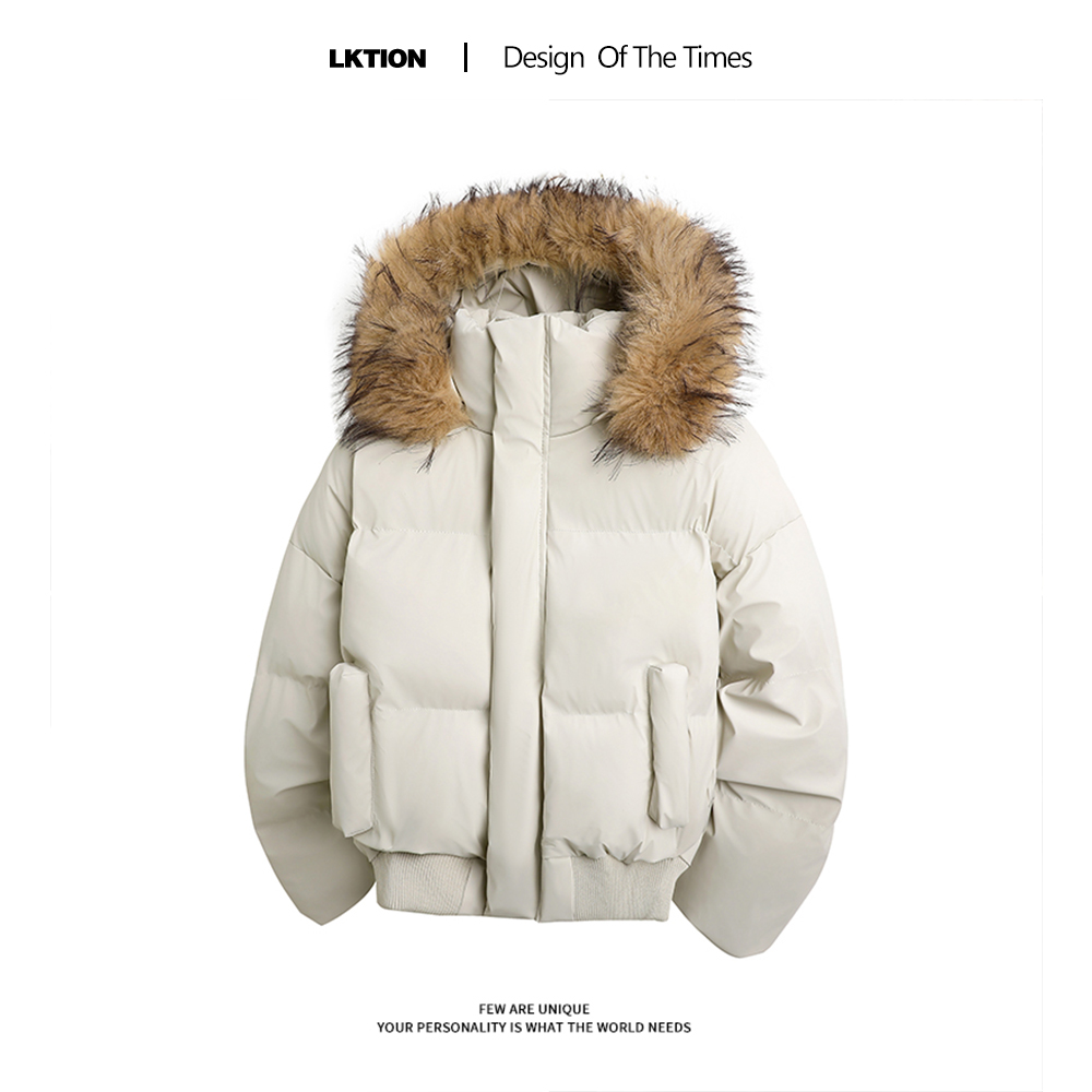 LK正品 美式简约复古棉袄秋冬高街加厚保暖可拆卸连帽毛领棉衣男