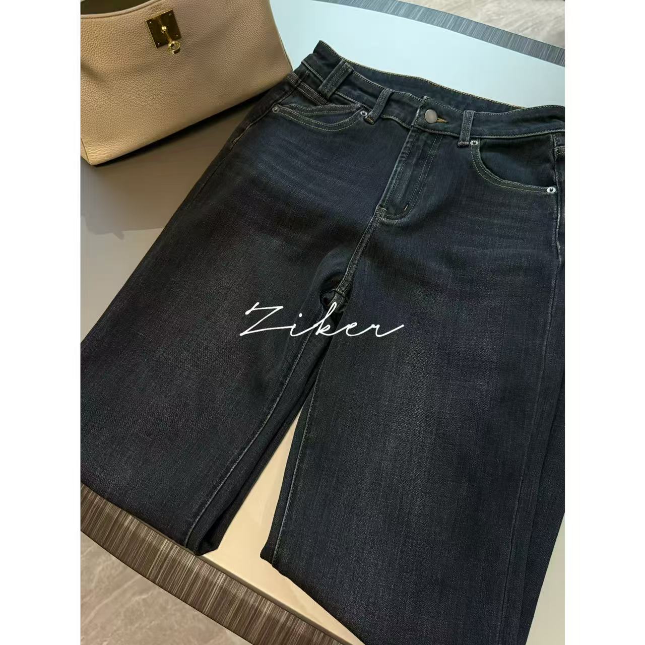 ZIKER｜pd复古水洗黑灰色修身显瘦女士直筒牛仔裤（套袋机洗）