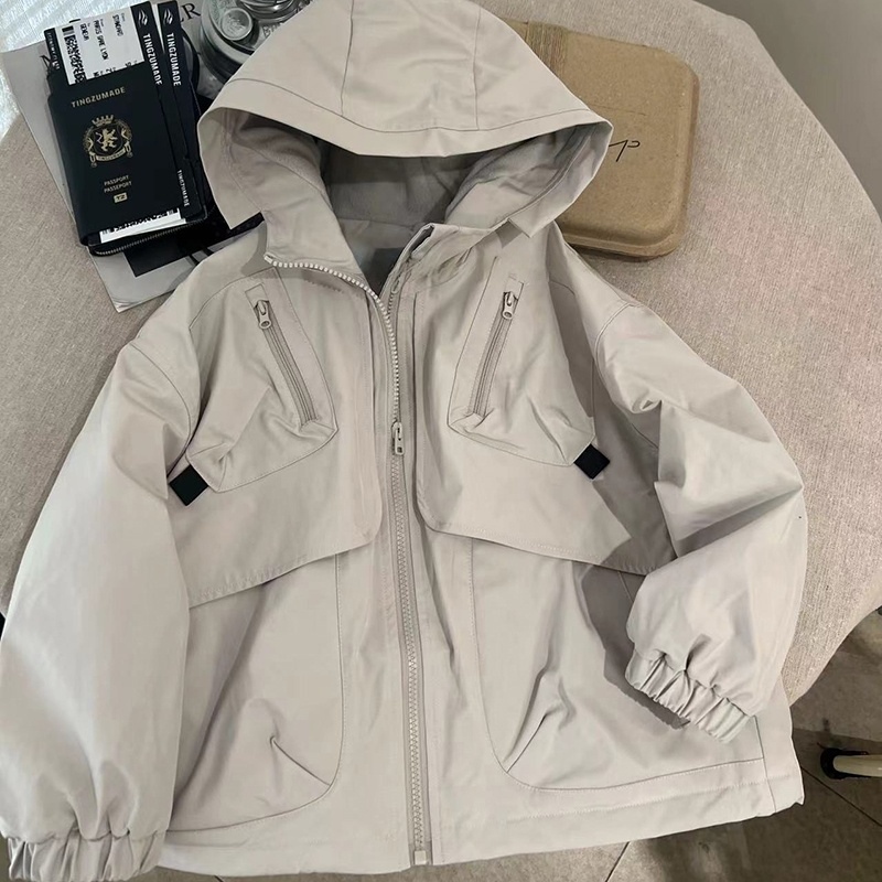 2025新款兄妹款中大童工装风冬季加绒加厚纯色上衣外套