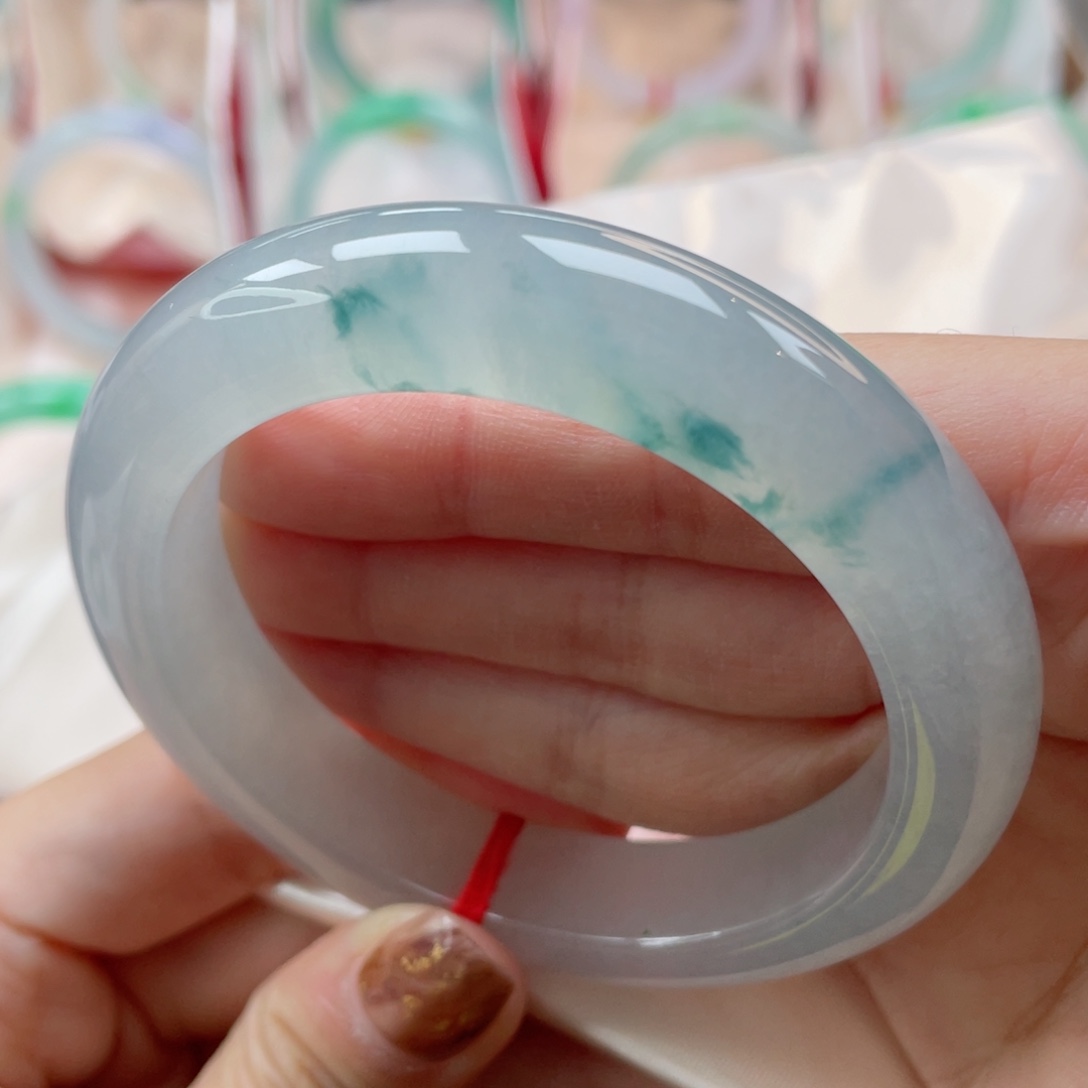 未镶嵌手镯翡翠繁*56.2正圈 冰飘雅致蓝花 冰透起光