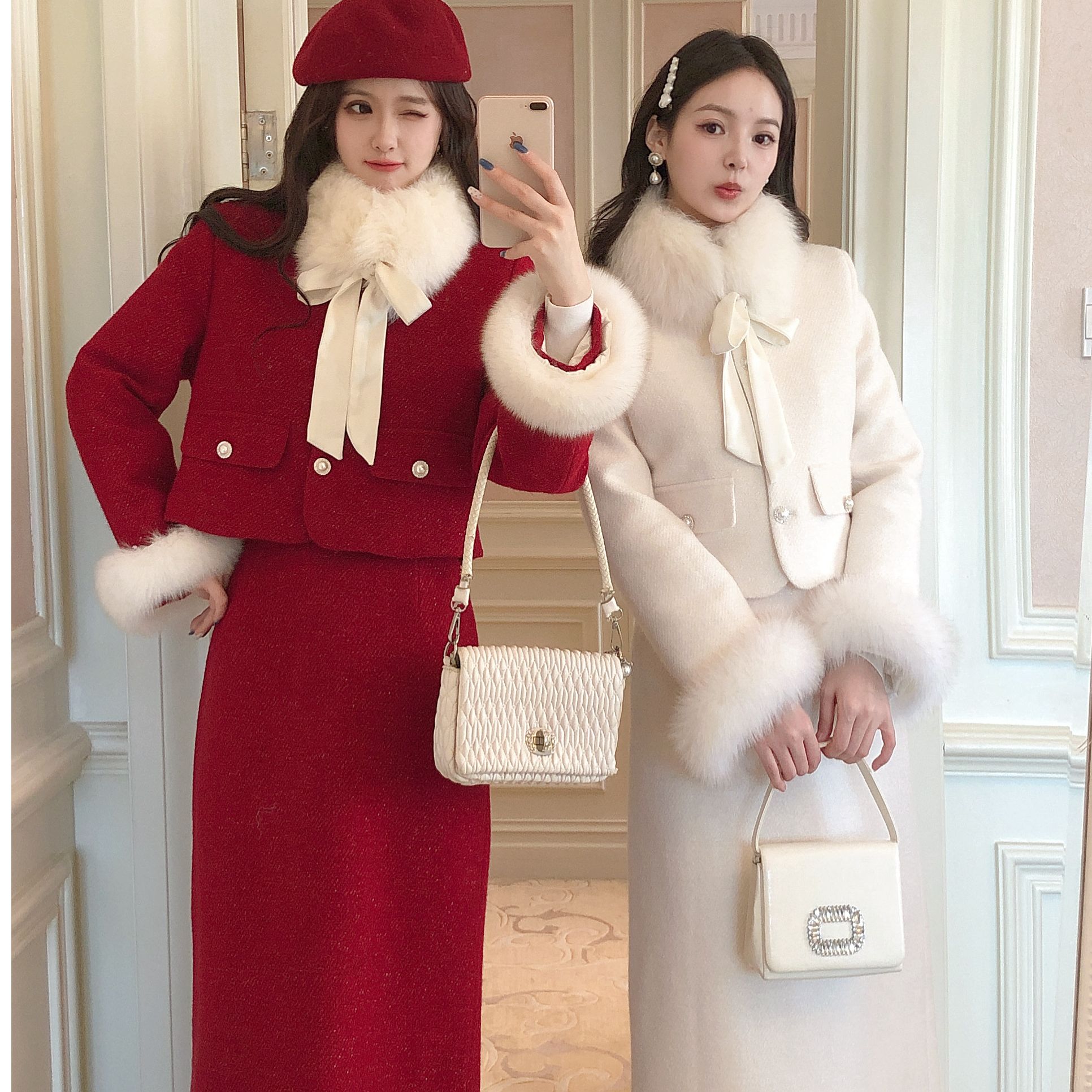 艾日秀韩版围脖毛领西装短外套气质毛呢上衣半身裙羽绒两件H0207