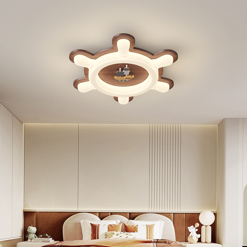 YUJIA 屿家 儿童房间灯创意船舵灯中古风护眼胡桃木纹卧室吸顶灯
