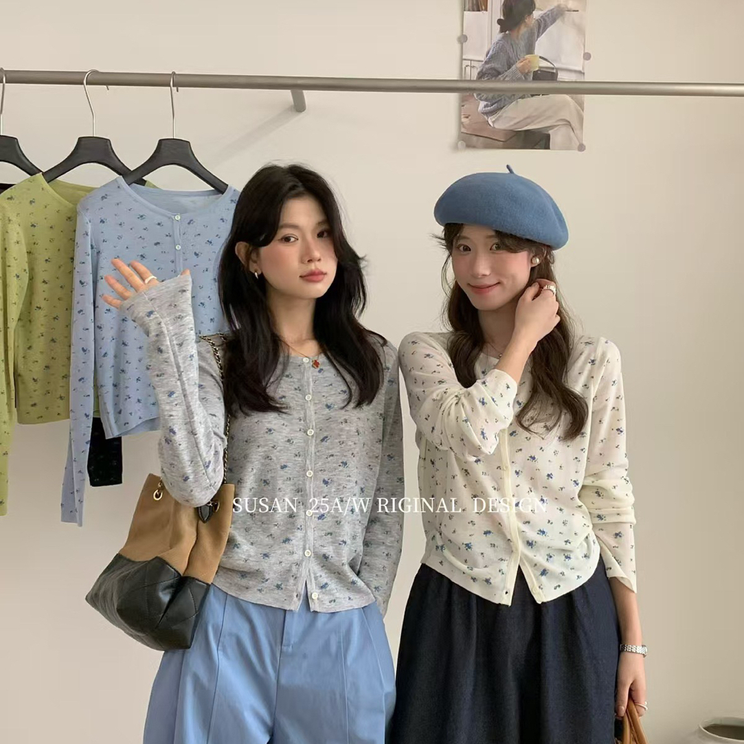 韩系长袖碎花小开衫圆领显瘦针织衫女秋季