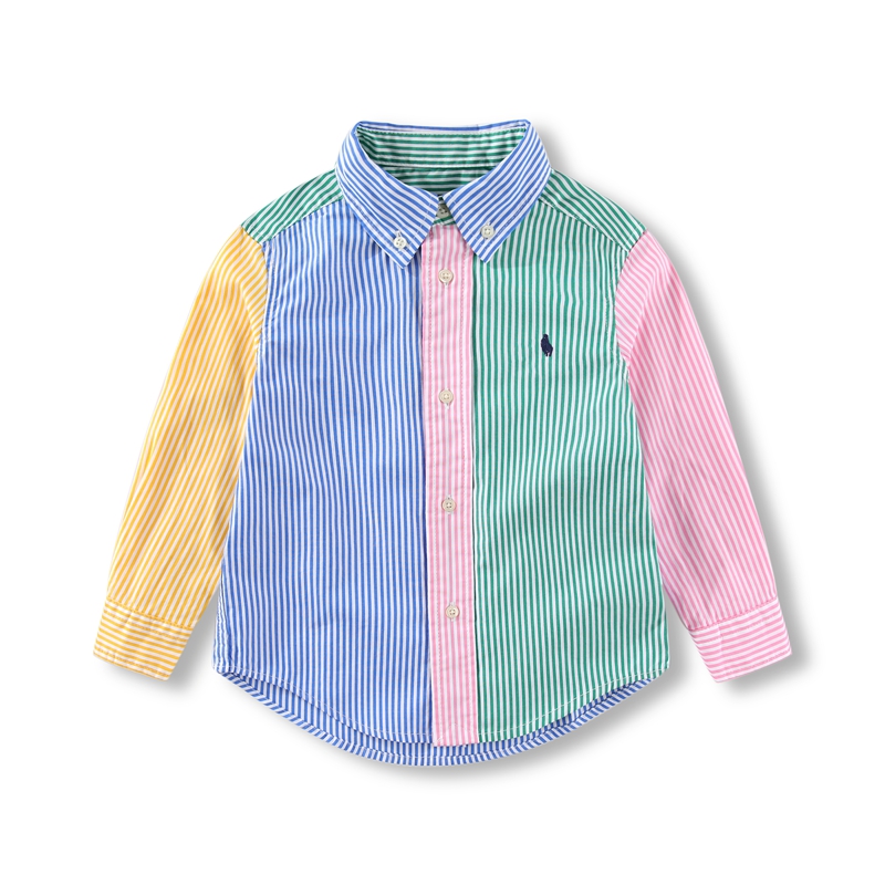 073男女通府绸棉纯棉长袖衬衣衬衫撞色条纹小马