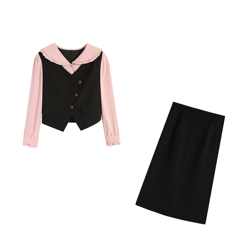 周周-五季家显瘦两件套气质减龄长袖黑色套装ZL110366大码女装