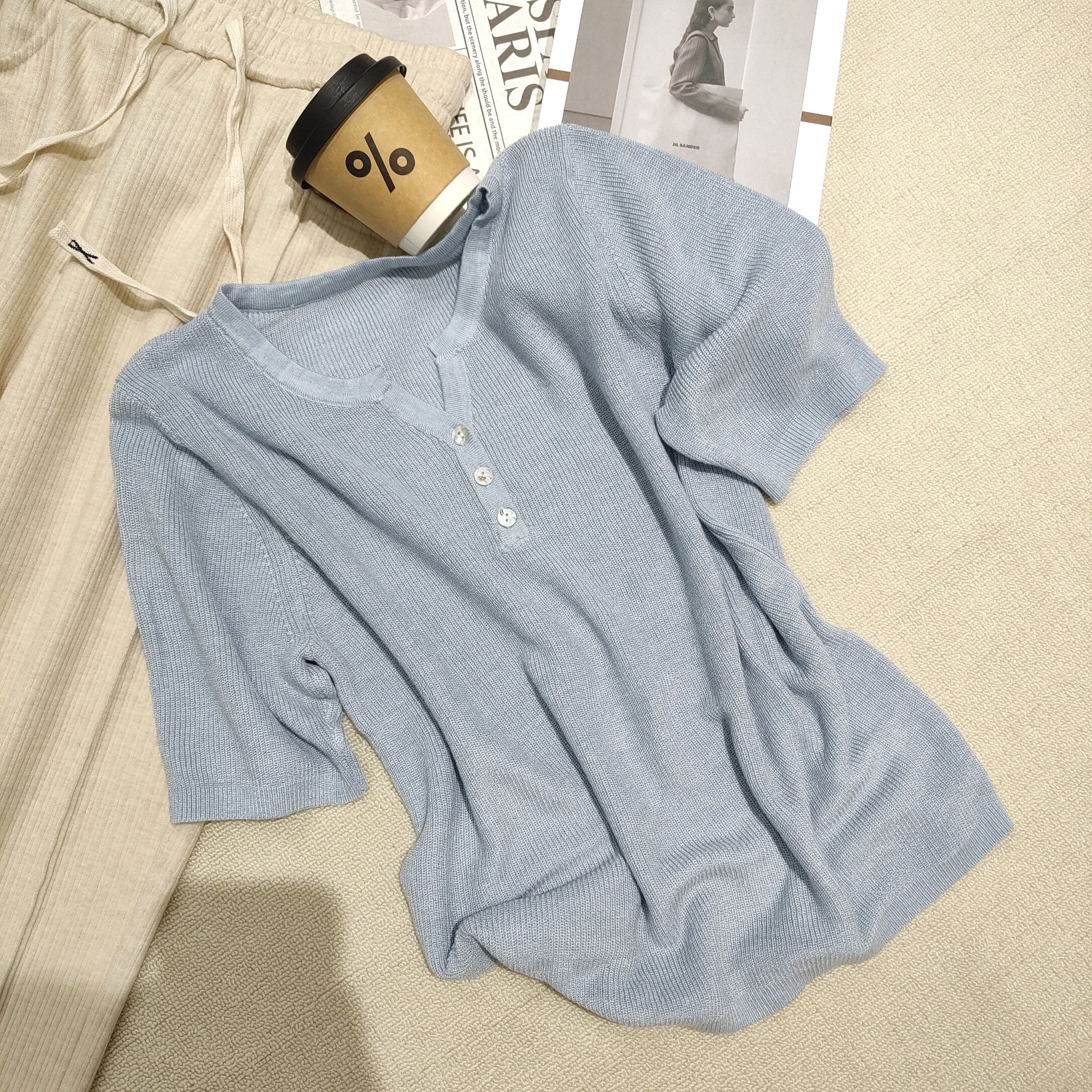 小清瓜女装严选百搭时尚休闲宽松气质短袖显瘦小众针织衫YS6015