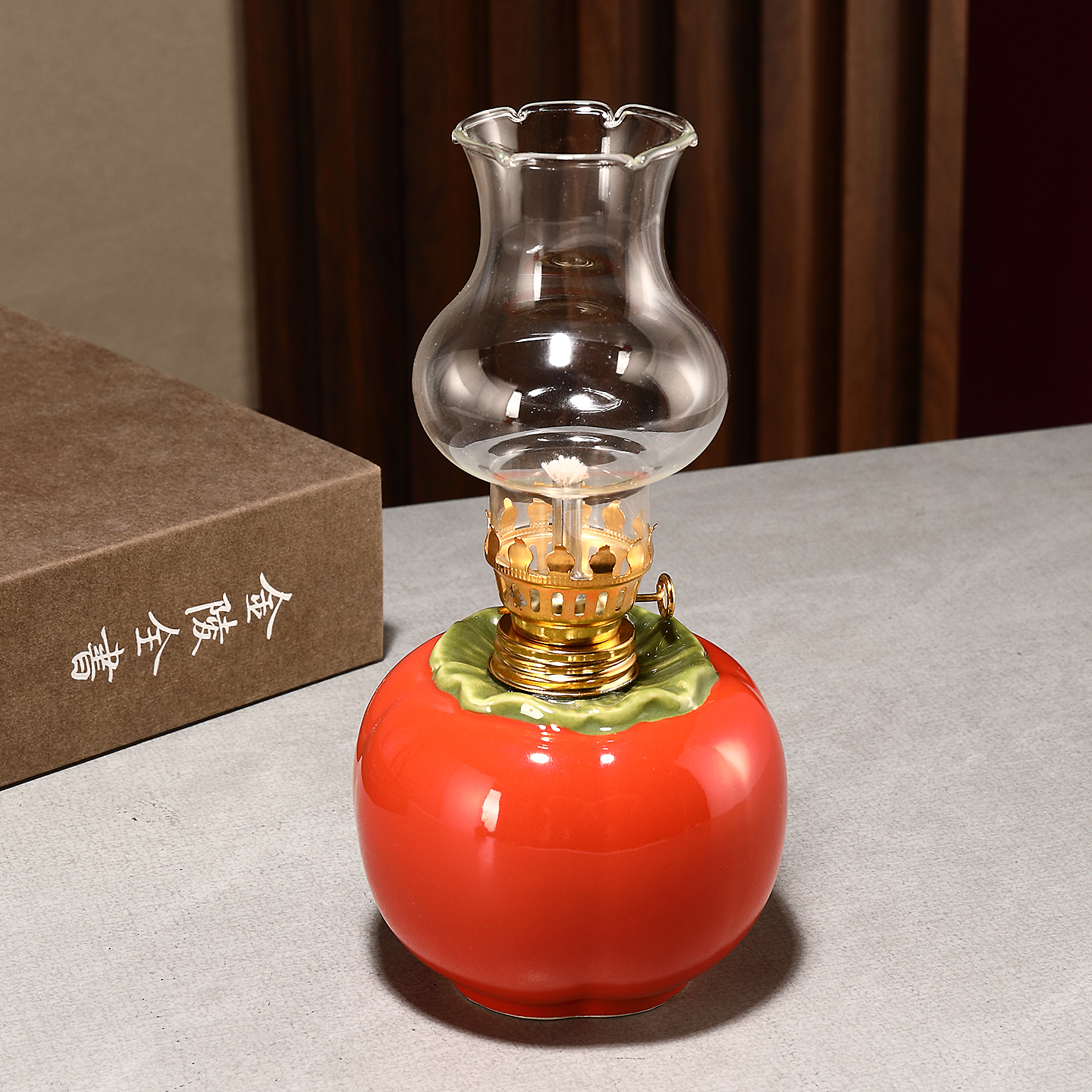 老式酥油灯柿柿如意煤油灯陶瓷灯氛围感喜庆婚礼乔迁新居摆件