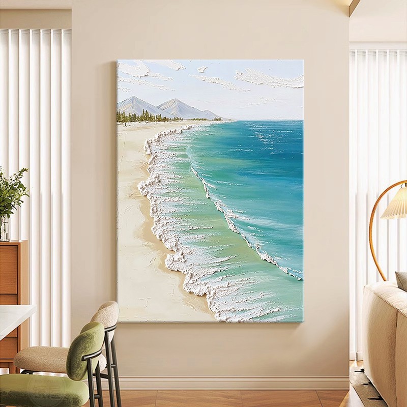 大海风景玄关挂画海浪沙滩肌理手绘油画客厅大幅石英砂立体装饰画