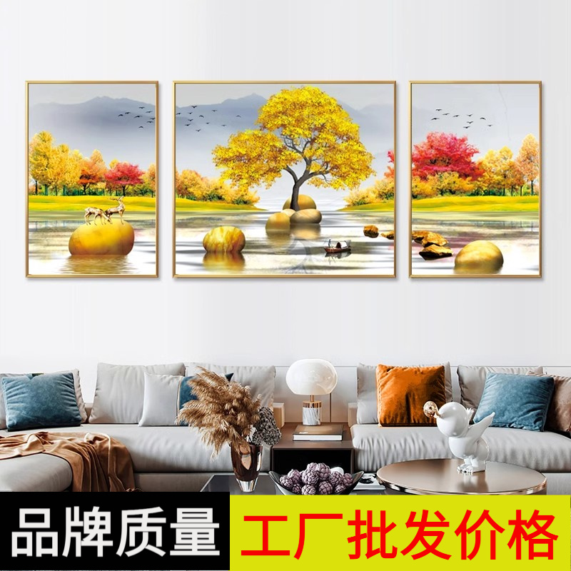 一帆风顺石来运转招财风水好的十字绣客厅挂图纯手工线绣三联画