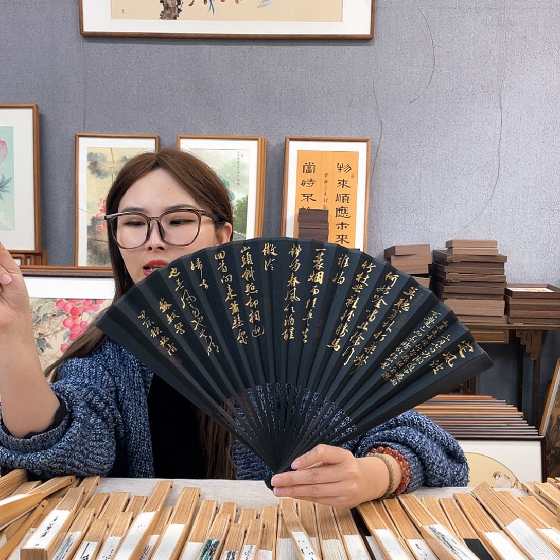 国画95寸黑檀-纯手绘-文玩扇骨（默认粘好）定风波