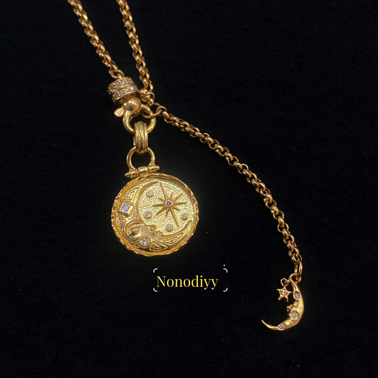 【钟吾黄金】足金999 定制精工錾刻「星与月」万能项链
