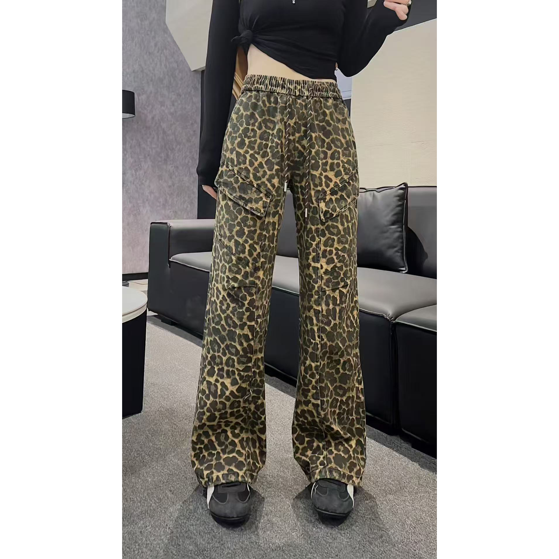 复古访旧美式高腰豹纹牛仔裤女2025新款直筒裤宽松显瘦阔腿裤子潮