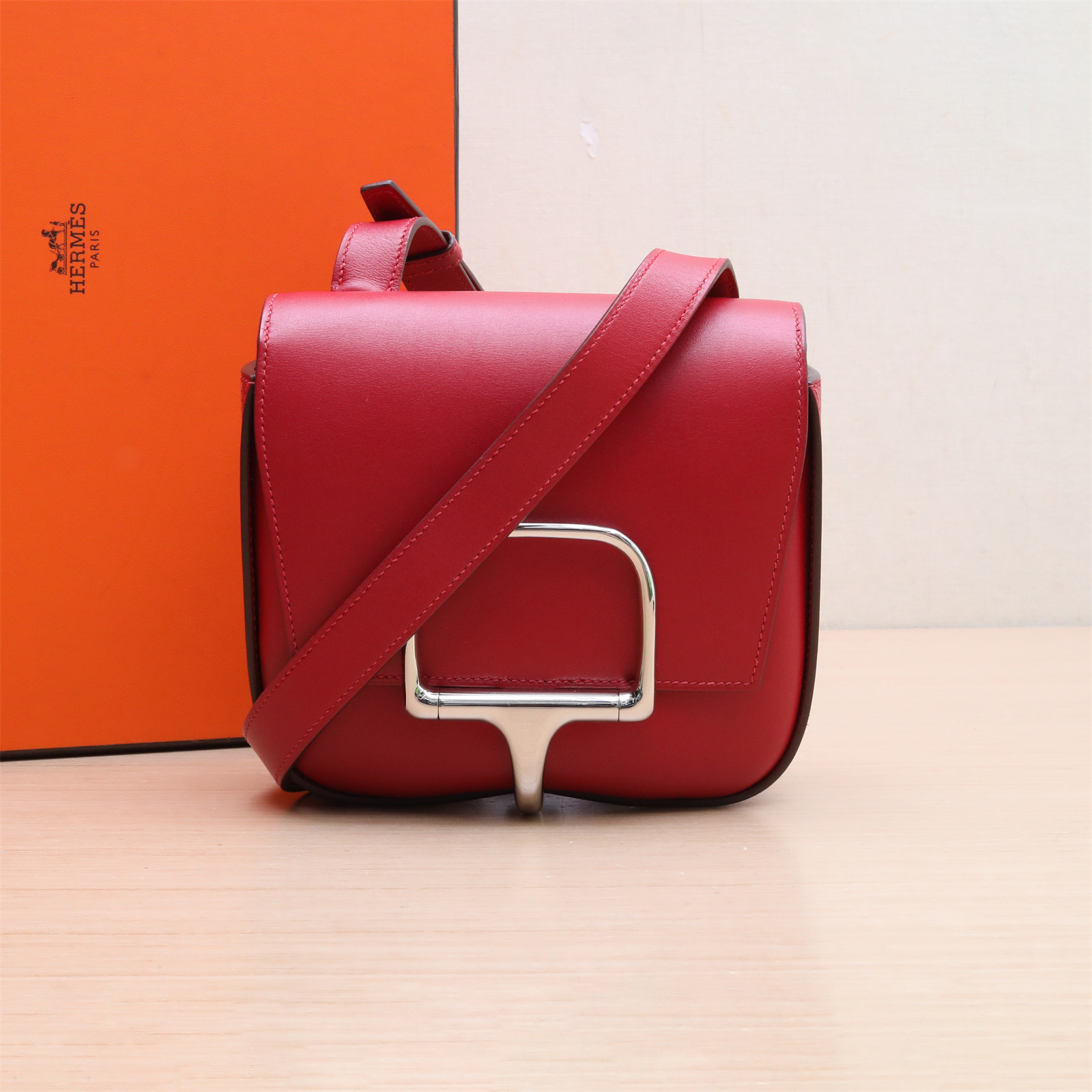 99新 Hermes/爱马仕 双双 della cavalleria Mini 石榴红 Z刻 包