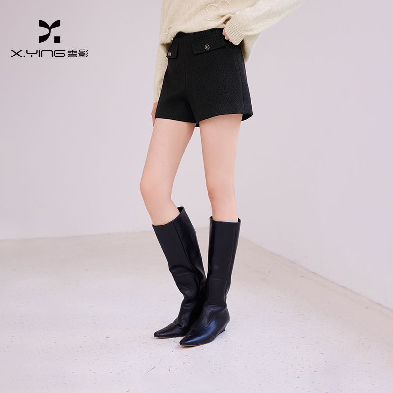 【CC王专属】K85W008休闲裤香影黑色毛呢西装短裤女冬季新款肌理