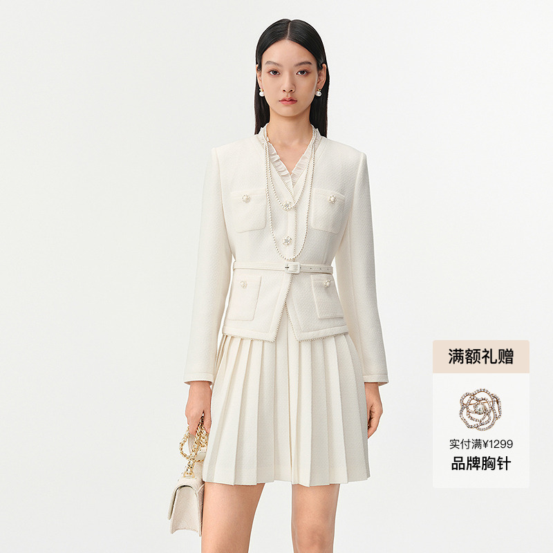 珂莱蒂尔2026年春季新款时尚优雅气质假两件百褶连衣裙女通勤裙装