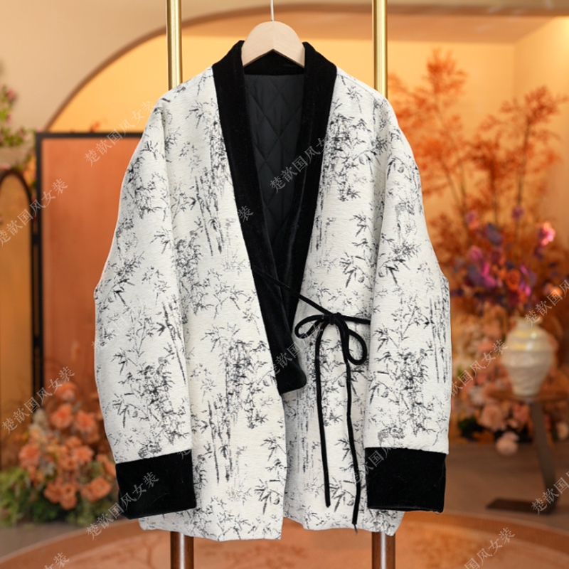 【墨竹】冬季2025新款新中式上衣女装加棉加厚国风气质外套V领提花