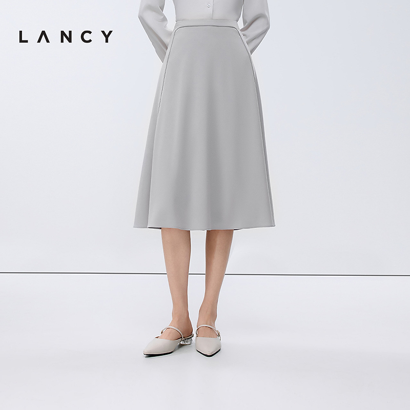 醋酸·LANCY/朗姿2025春新款气质高腰A字伞裙高端简约通勤半身裙