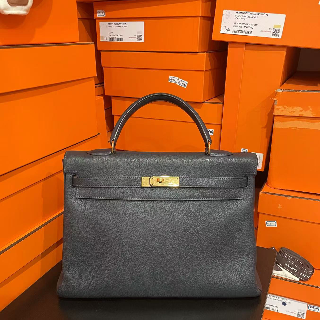 95新 Hermes/爱马仕 kelly 35 框A 阿登皮 午夜蓝手提包0112m4