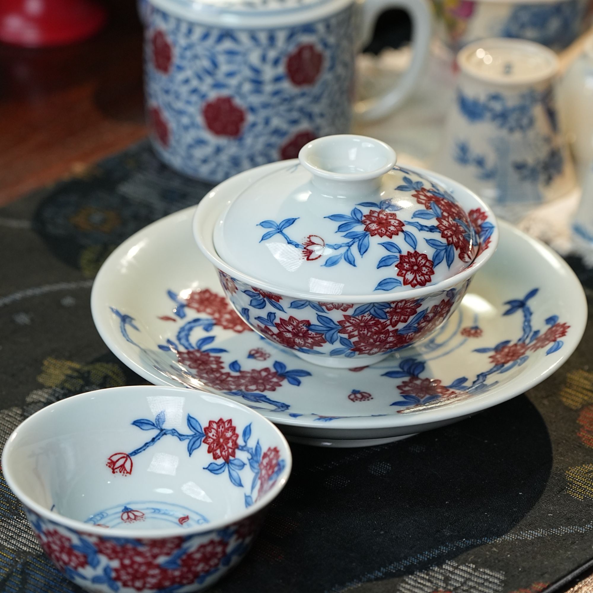 梓耘红窑 景德镇纯手工手绘青花釉里红落花流水茶具套组