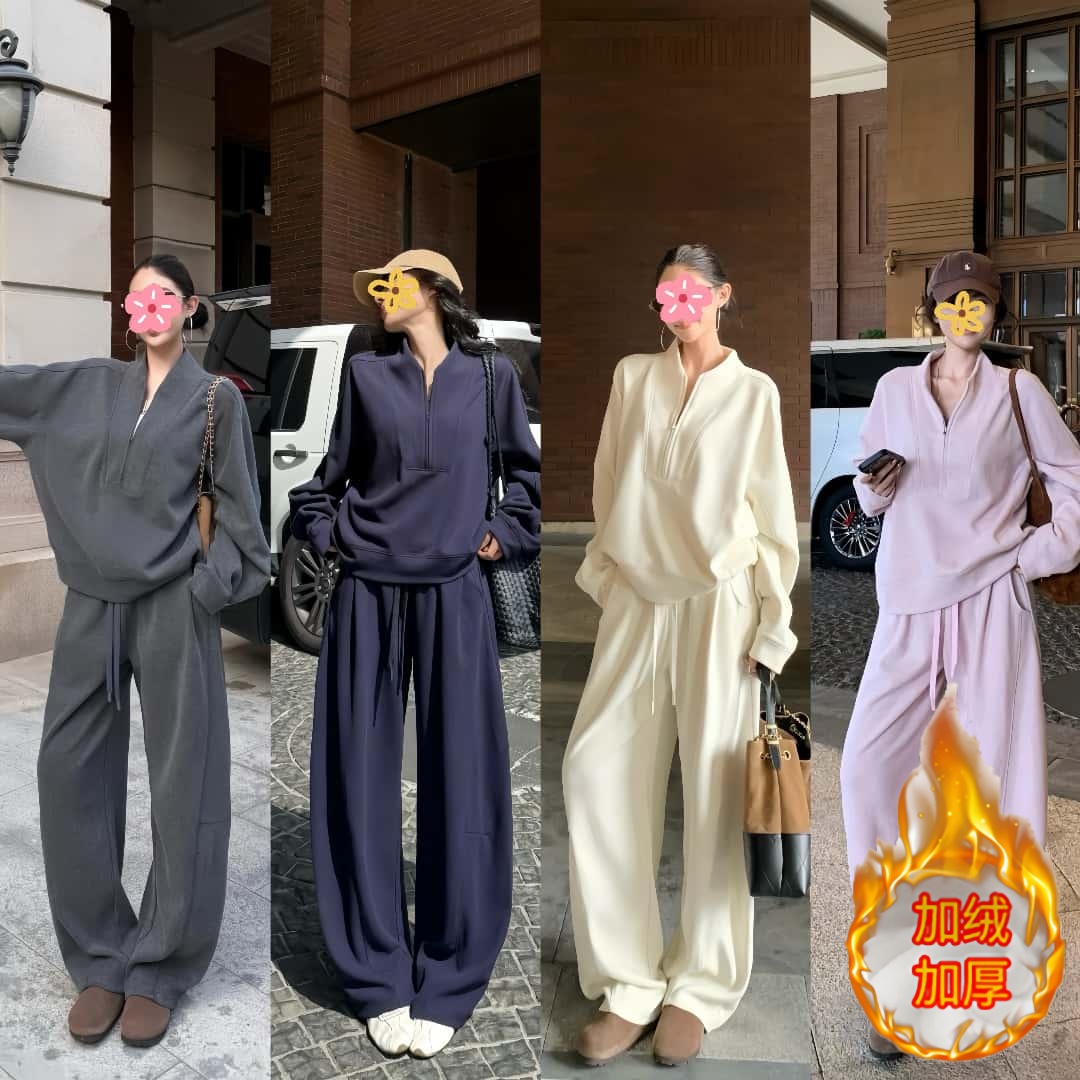 加绒加厚休闲风老钱时尚套装灰色上衣卫衣宽松高腰系带长裤秋冬潮