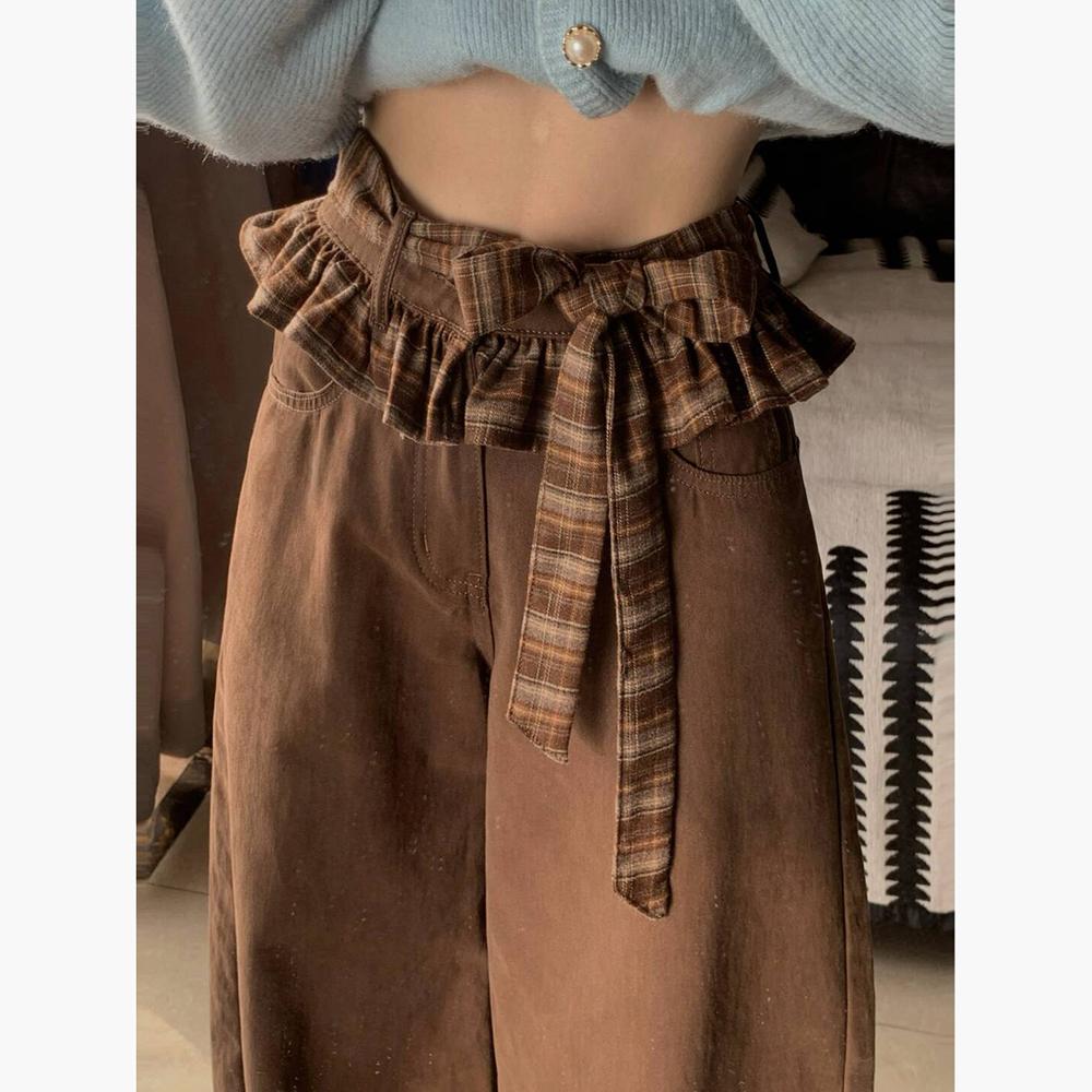 美拉德棕色双腰头蝴蝶绑带牛仔裤女春秋季设计感直筒宽松阔腿裤子