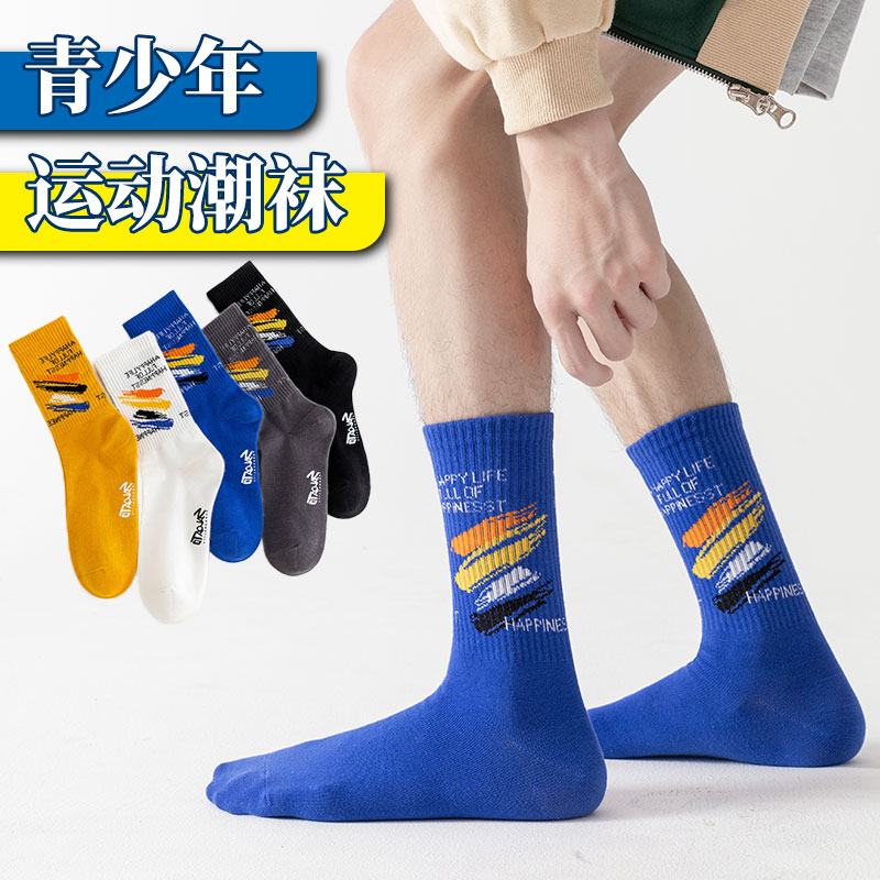 青少年袜子男纯棉防臭中筒袜春秋学生男童运动潮袜彩虹刺绣长筒袜