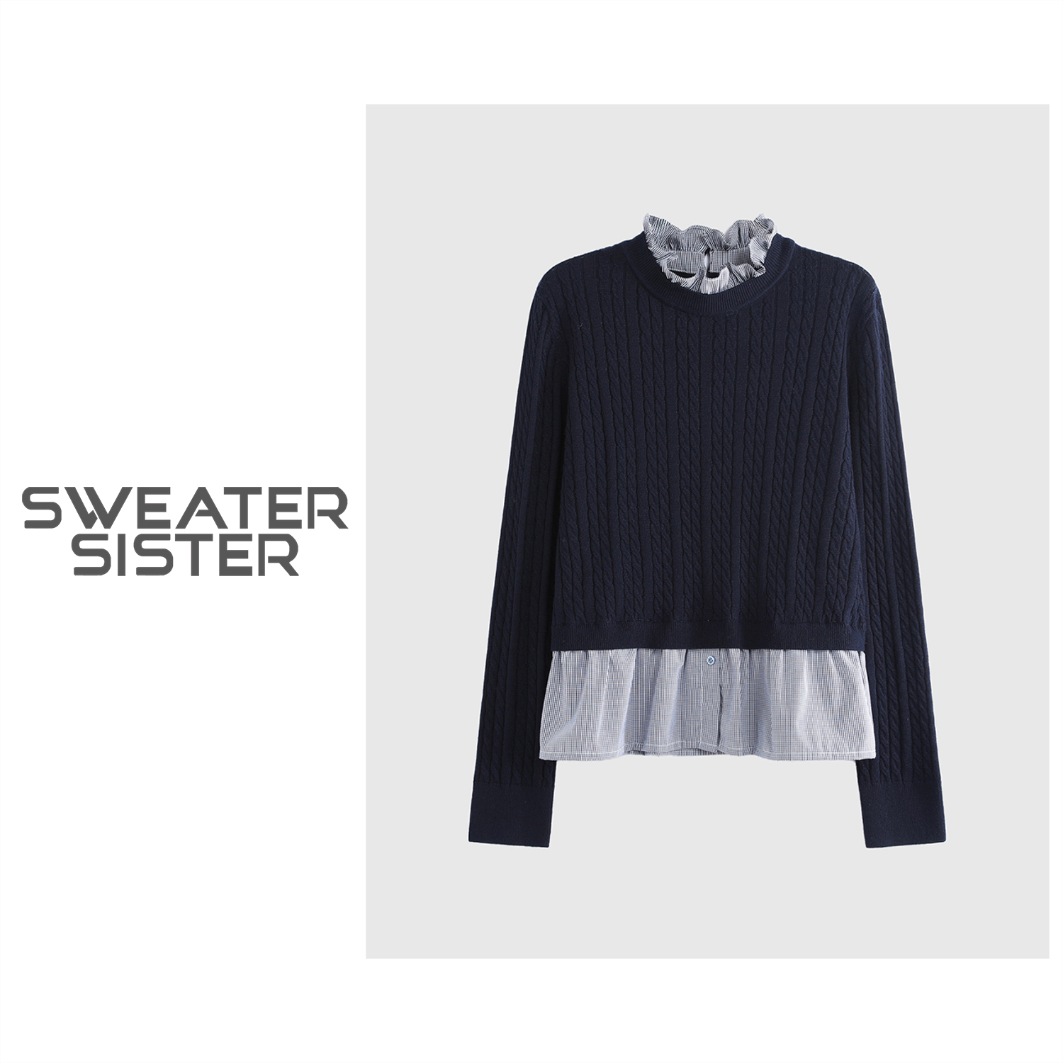 复古假两件格子拼接木耳边毛衣秋冬套头保暖针织衫女248-25022