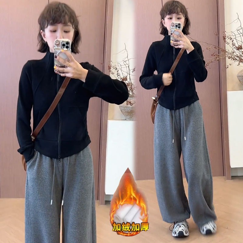 加绒加厚时尚套装女秋冬新款洋气显瘦立领卫衣阔腿裤休闲两件套