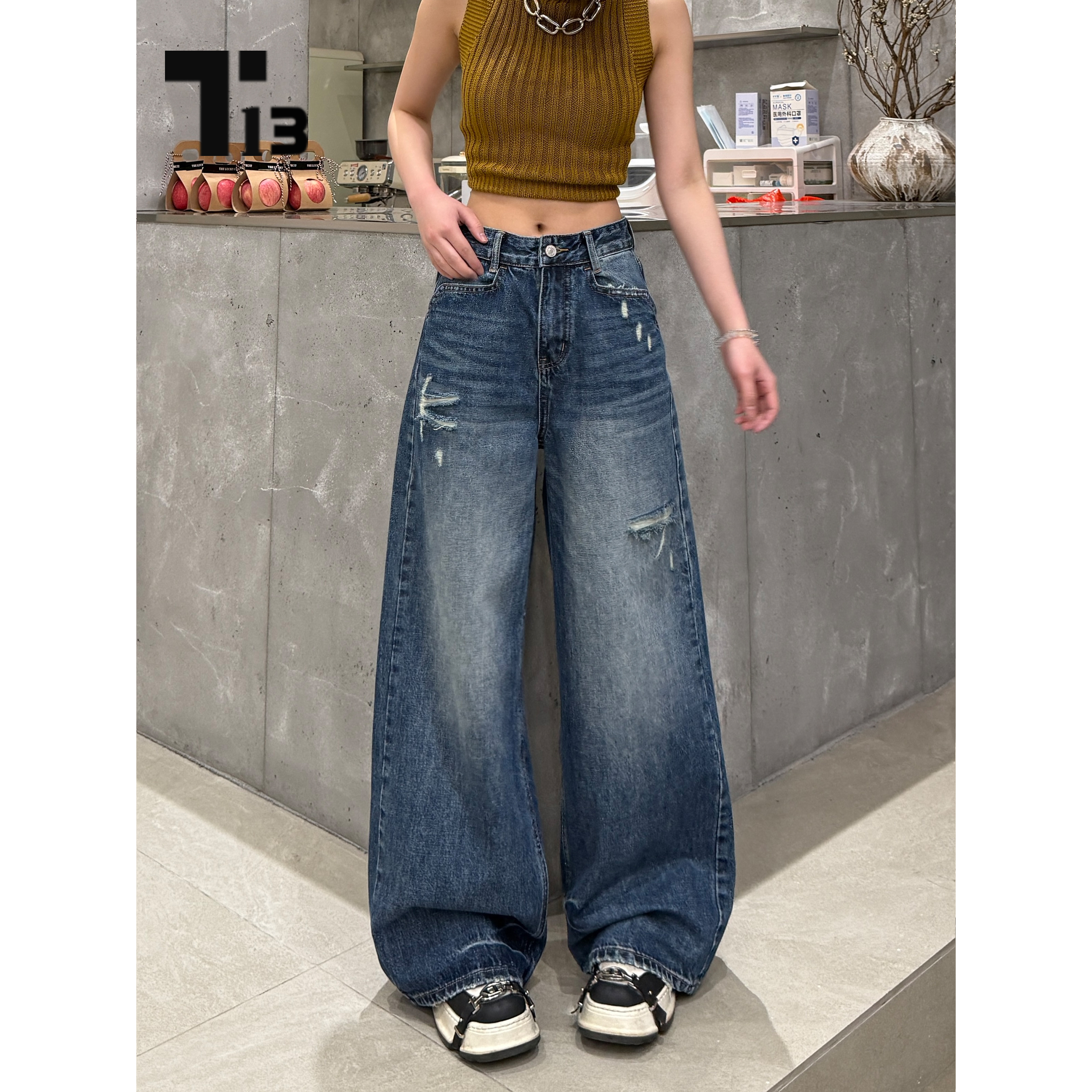 T13妮妮街头松弛【B1088】春季新款宽松中高腰设计感显瘦牛仔裤