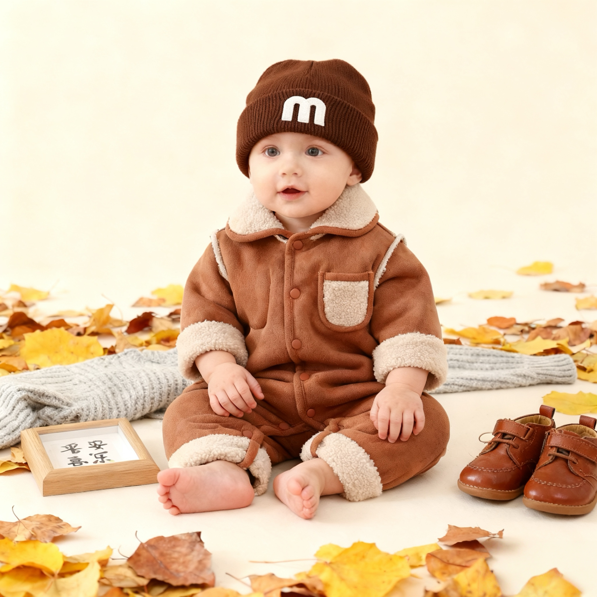 【送帽子双面可穿升级版】新生婴儿秋冬季皮毛一体加绒款户外连体衣