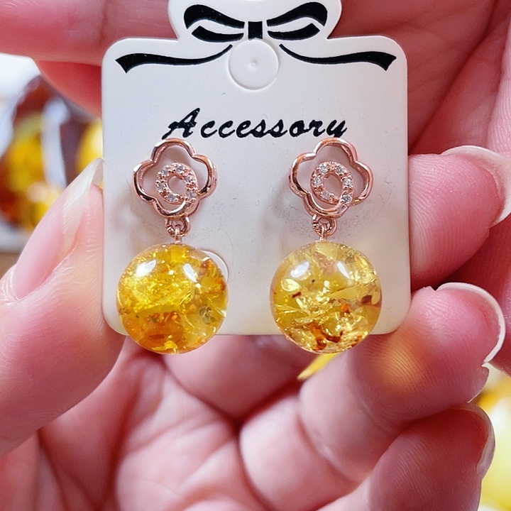 琥珀银S925镶嵌裸石耳钉