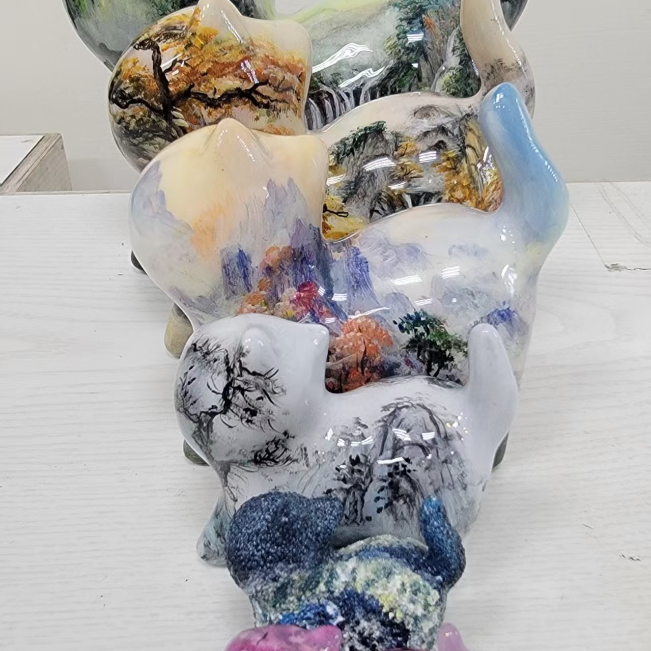 大号原创手绘流体熊猫兔九尾狐檀木手办家居饰品创意桌面摆件送礼