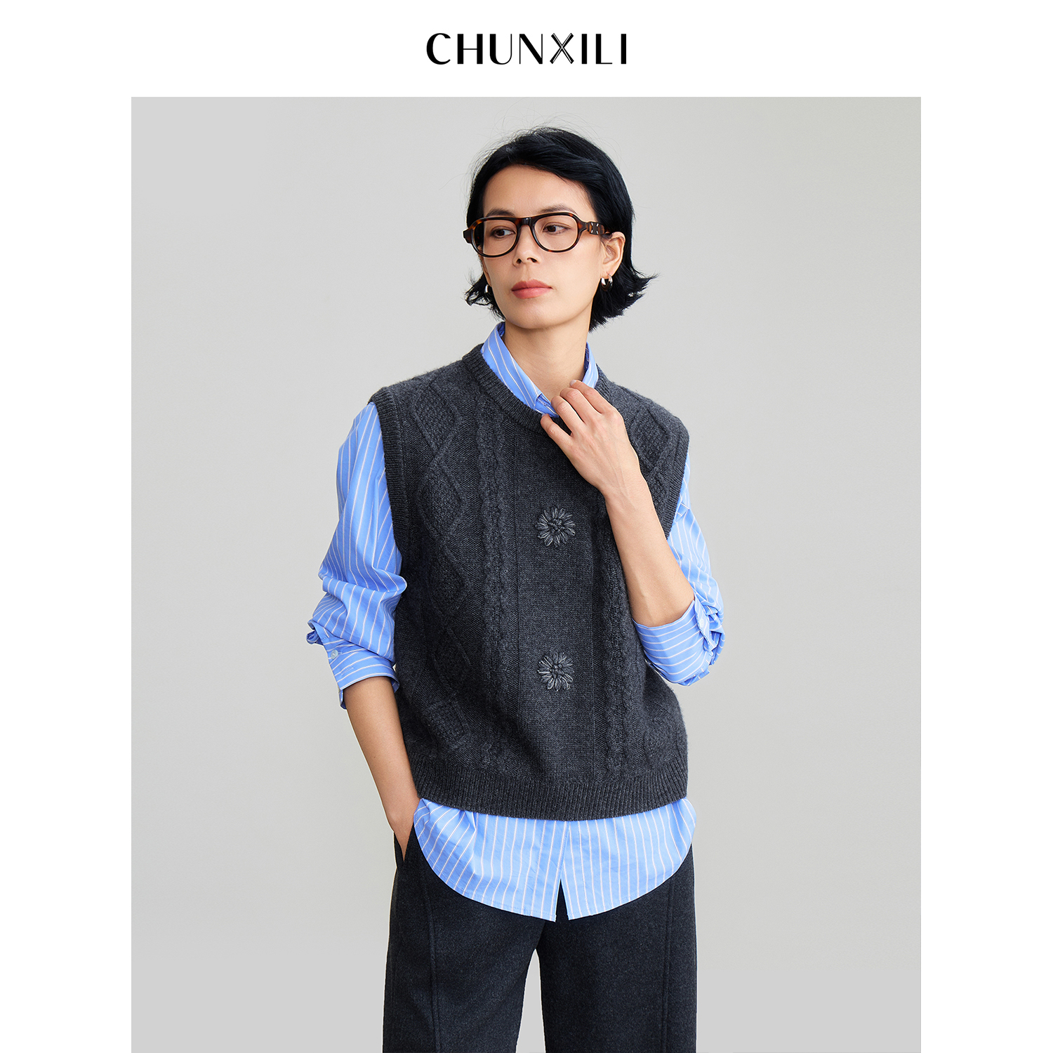 CHUNXILI/春熙里 秋冬百搭针织山羊绒+桑蚕丝马夹D00M54136
