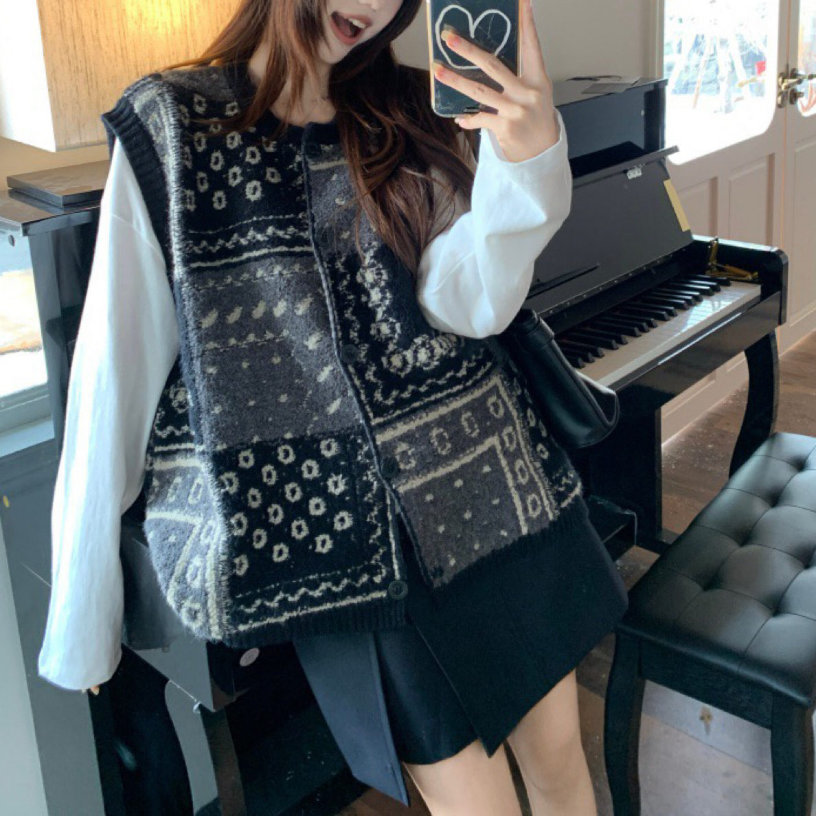 韩国2025冬季复古提花加厚宽松大码女装慵懒松弛毛衣马甲外套女