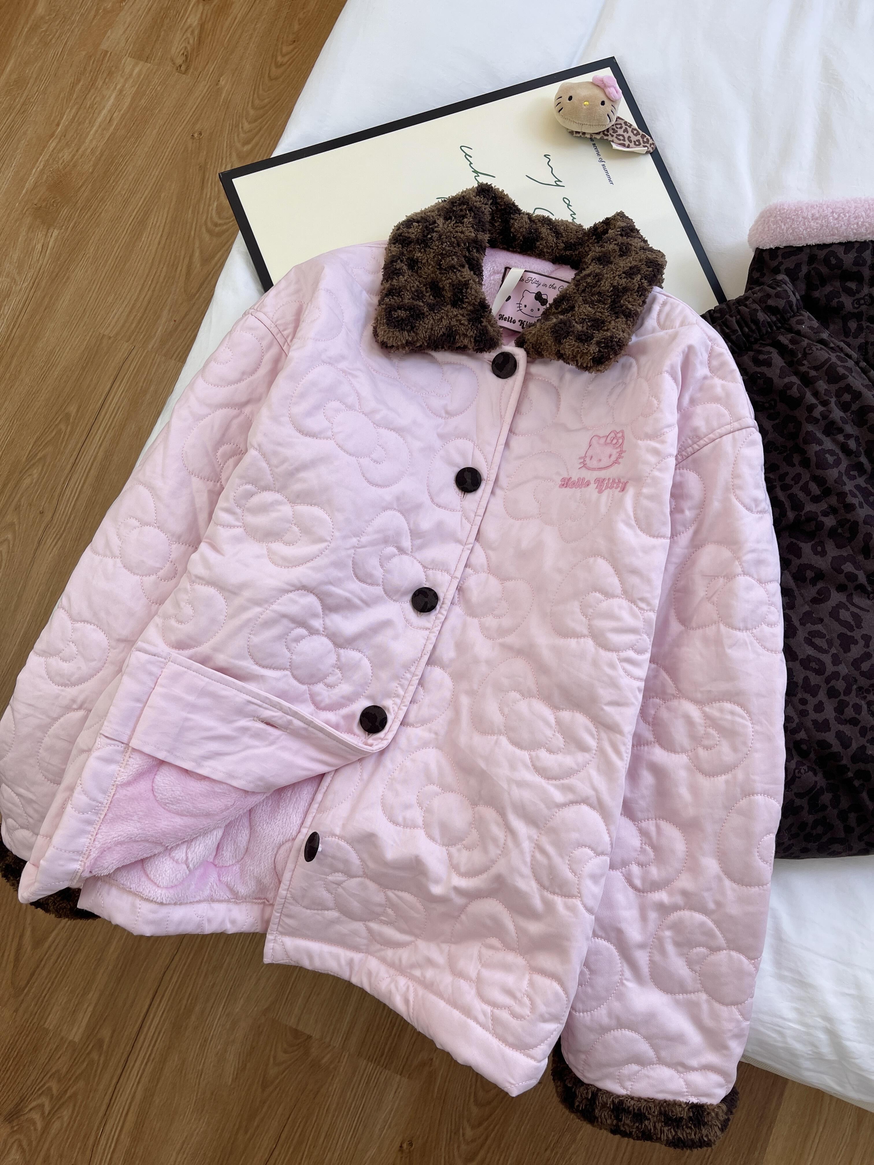 粉色甜美Kitty加厚绗棉家居服套装2025秋冬新款可外穿情侣睡衣
