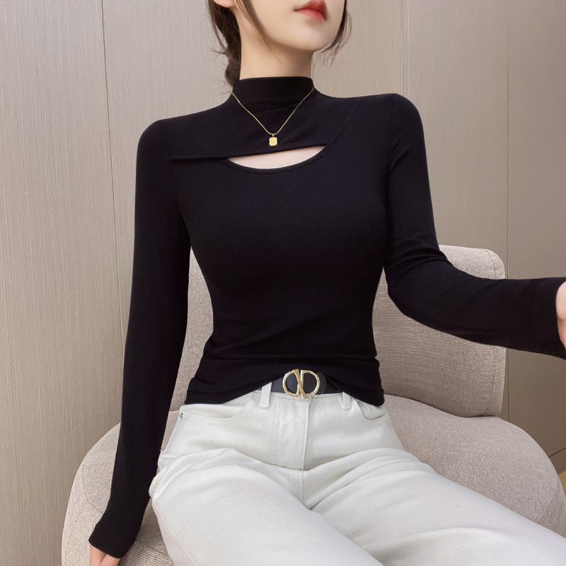 黑色螺纹半高领镂空长袖打底内搭T恤2025秋冬新款修身百搭女上衣