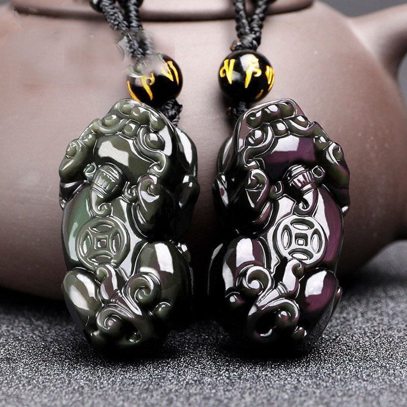 天然黑曜石貔貅吊坠男女士水晶项链彩耀石情侣貔恘饰品礼物